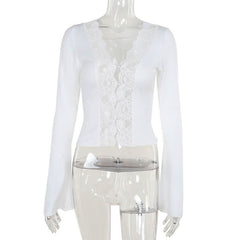 Long sleeve v neck lace hem button top