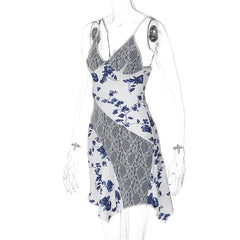 Lace v neck print patchwork ruffle cami mini dress