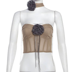 Beaded metal chain flower applique mesh tube top