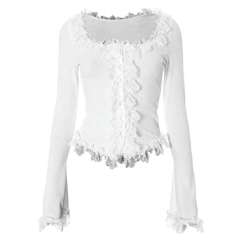Long sleeve lace hem button ribbed u neck solid top