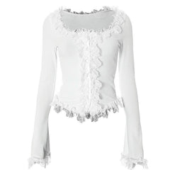 Long sleeve lace hem button ribbed u neck solid top