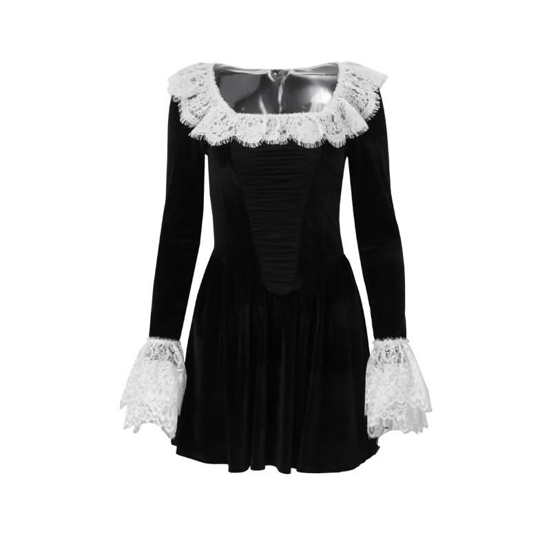 Long flared sleeve lace hem zip-up velvet mini dress