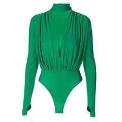 V neck solid ruched gloves high neck long sleeve bodysuit-final-sale