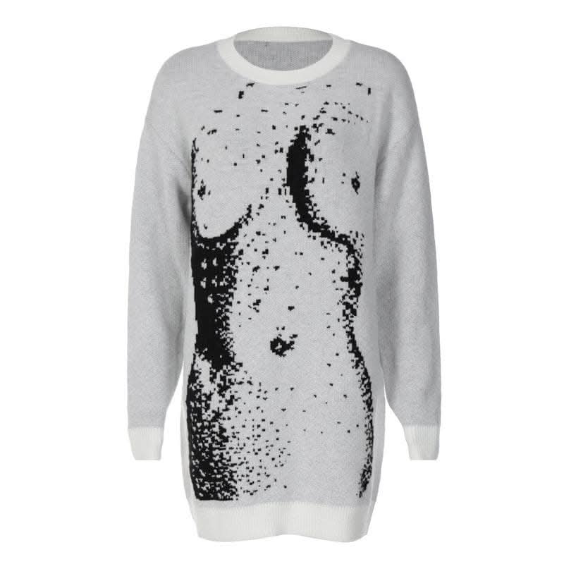 Knitted long sleeve body print contrast top-final-sale