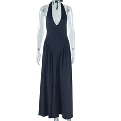 Halter v neck backless solid maxi dress