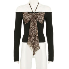 Halter off shoulder bowknot leopard print top