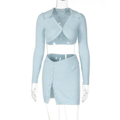 Button knitted solid long sleeve turnover collar mini skirt set-final-sale