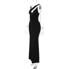 One shoulder o ring lace hem backless maxi dress