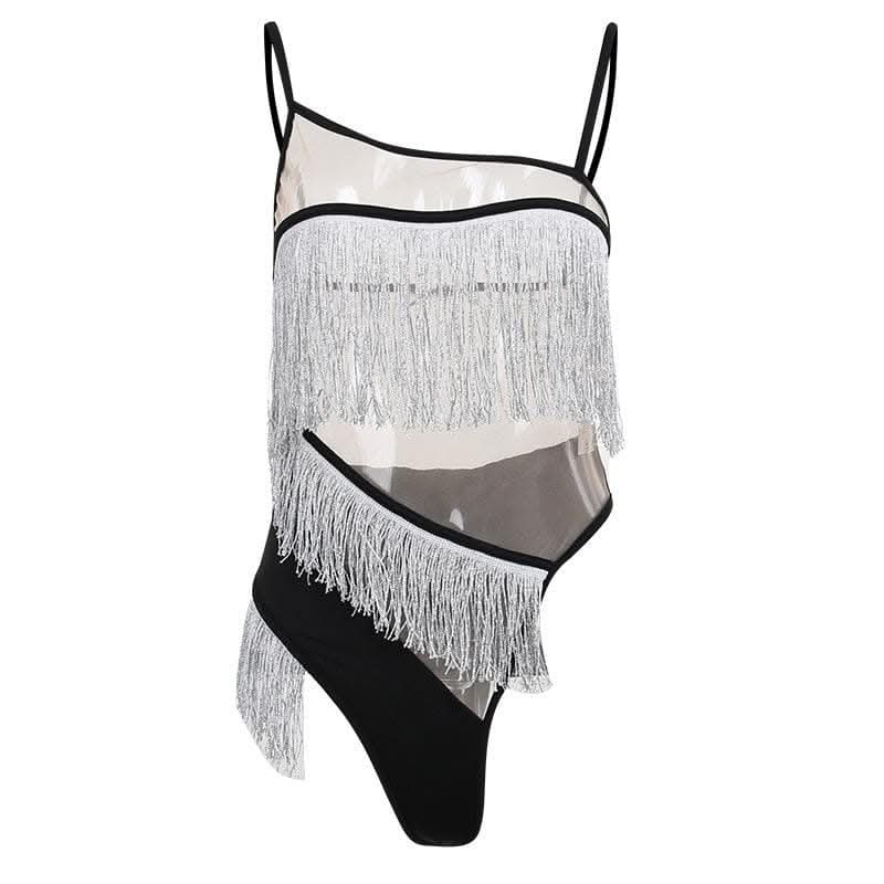 Irregular mesh see through tassels contrast backless cami bodysuit-final-sale