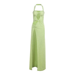 Halter hollow out high slit ruched cut out maxi dress