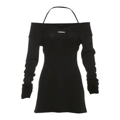 Halter long sleeve off shoulder fluffy mini dress