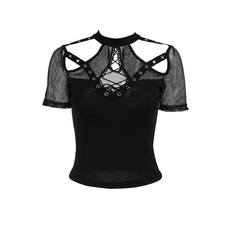 Short sleeve fishnet hollow out patchwork cut out top