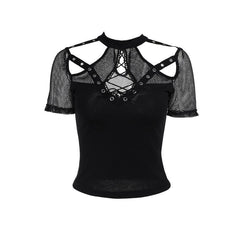 Short sleeve fishnet hollow out patchwork cut out top