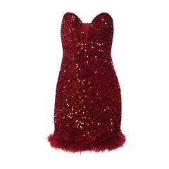 Glitter feather sweetheart neck tube mini dress
