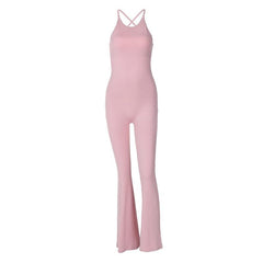 U neck cross back solid backless cami jumpsuit