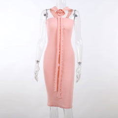 Ribbed solid slit flower applique ribbon ruffle midi dress-final-sale