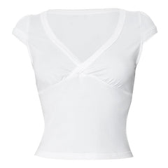 Cap sleeve v neck ruched solid top