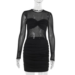 Long sleeve mesh patchwork ruched mini dress