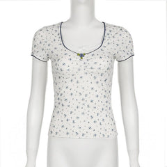 Short sleeve patchwork flower applique print top