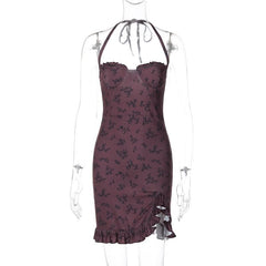 Halter print ruffle knotted backless mini dress