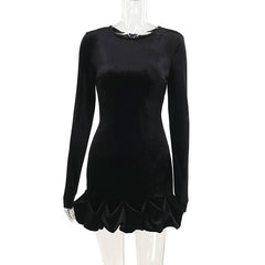 Long sleeve crewneck velvet ruffle mini dress
