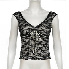 Cap sleeve v neck lace knotted backless top