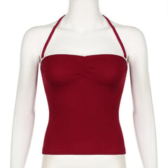 Halter ruched lace hem backless solid top