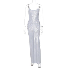 U neck metallic ruched backless cami maxi dress