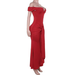 Off shoulder ruched knotted zip-up maxi dress-final-sale