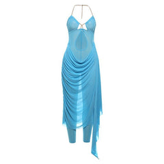 Metal chain halter ruched sheer mesh hollow out cut out maxi dress