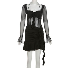 Long sleeve halter mesh ruched ruffle mini dress