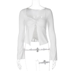 Long sleeve ruched sweetheart neck slit crop top