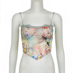 Metal chain print lace hem cami crop top