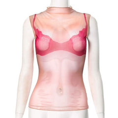 Crewneck sheer mesh print sleeveless contrast top-final-sale