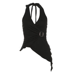 Halter buckle ruffle irregular ruched top