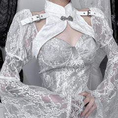 Long flared sleeve lace buckle shrug top