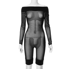 Mesh see through gloves solid off shoulder long sleeve romper-final-sale