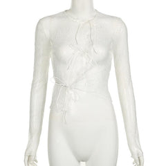 Long sleeve lace see through self tie top