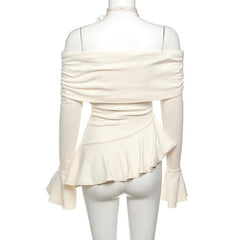 Off shoulder ruffle flower applique long flared sleeve ruched top