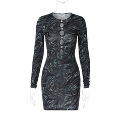 Ripple contrast long sleeve hollow out crewneck cut out mini dress
