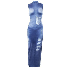 Denim print sleeveless contrast high neck maxi dress-final-sale