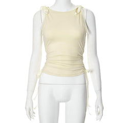 Bowknot ribbon drawstring ruched sleeveless top