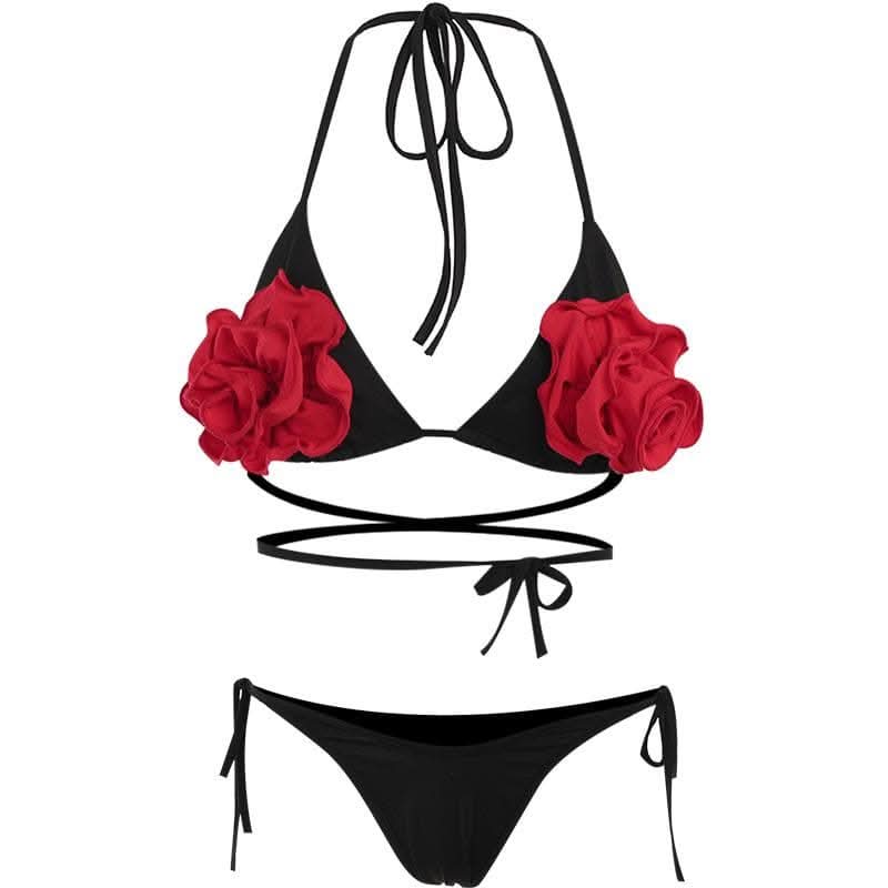 Halter self tie contrast flower applique cross back pant set-final-sale