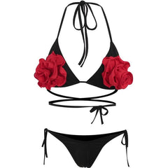 Halter self tie contrast flower applique cross back pant set-final-sale