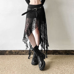 Lace mesh patchwork ruched ruffle midi skirt