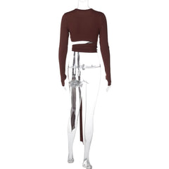 Long sleeve crewneck hollow out knotted cut out top