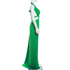 Halter irregular solid backless knotted ruched maxi dress-final-sale