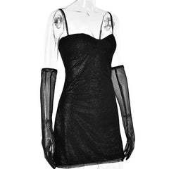 Textured mesh gloves sweetheart neck zip-up slit cami mini dress-final-sale