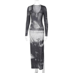 Slit long sleeve contrast o ring u neck maxi dress-final-sale