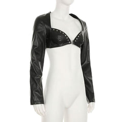 PU leather sweetheart neck long sleeve crop top